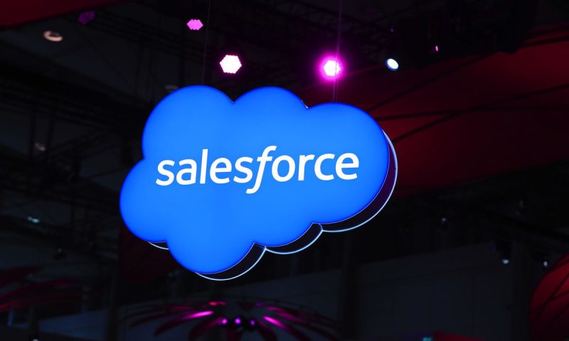 Dow up 34 points on gains for shares of Salesforce Inc., Merck